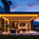 A photograph of a beautifully illuminated outdoor space featuring solar soffit lighting