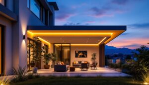 A photograph of a beautifully illuminated outdoor space featuring solar soffit lighting