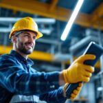A photograph of a lighting contractor at work