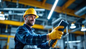 A photograph of a lighting contractor at work