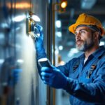 A photograph of a lighting contractor inspecting or installing emergency lights in a commercial setting