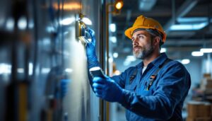A photograph of a lighting contractor inspecting or installing emergency lights in a commercial setting