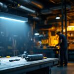 A photograph of a well-lit workshop or garage setting featuring a 48 led shop light in use