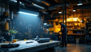 A photograph of a well-lit workshop or garage setting featuring a 48 led shop light in use