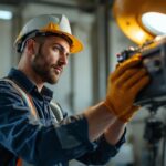 A photograph of a skilled lighting contractor expertly installing or adjusting a hid ballast in a well-lit workspace