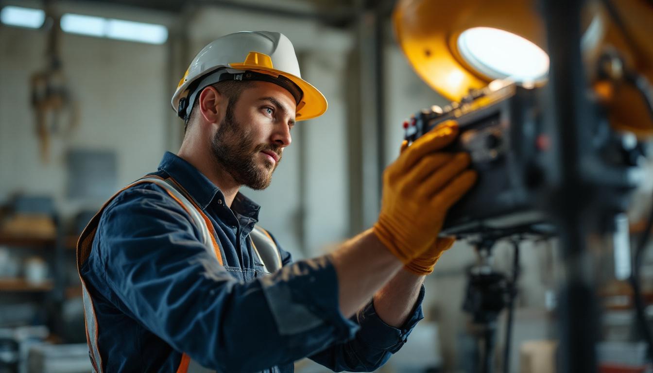 A photograph of a skilled lighting contractor expertly installing or adjusting a hid ballast in a well-lit workspace