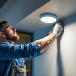 A photograph of a skilled lighting contractor expertly installing a sleek surface-mounted light fixture in a modern interior space