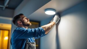 A photograph of a skilled lighting contractor expertly installing a sleek surface-mounted light fixture in a modern interior space
