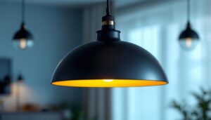 A photograph of a stylish hanging light fixture in a modern interior setting