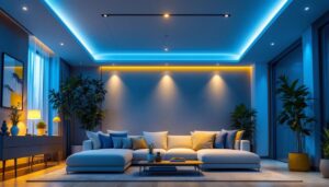 A photograph of a beautifully designed room featuring low profile recessed can lights