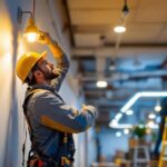 A photograph of a lighting contractor actively installing energy-efficient lighting solutions in a commercial space