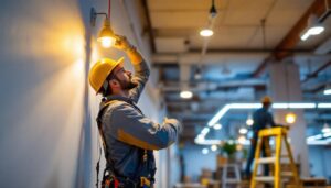 A photograph of a lighting contractor actively installing energy-efficient lighting solutions in a commercial space