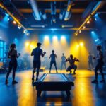 A photograph of a well-lit gym environment showcasing various lighting setups