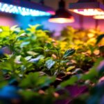 A photograph of a vibrant indoor garden setup illuminated by various types of grow lights
