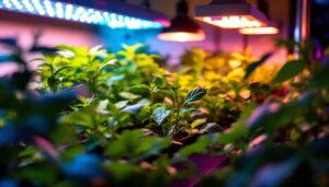 A photograph of a vibrant indoor garden setup illuminated by various types of grow lights