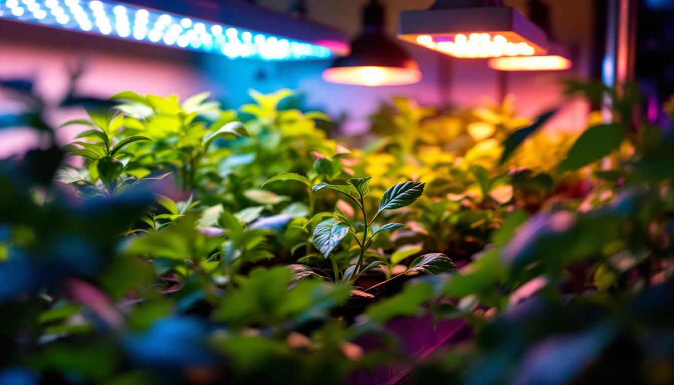 A photograph of a vibrant indoor garden setup illuminated by various types of grow lights