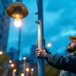 A photograph of a skilled lighting contractor inspecting or installing a modern light pole in an urban setting