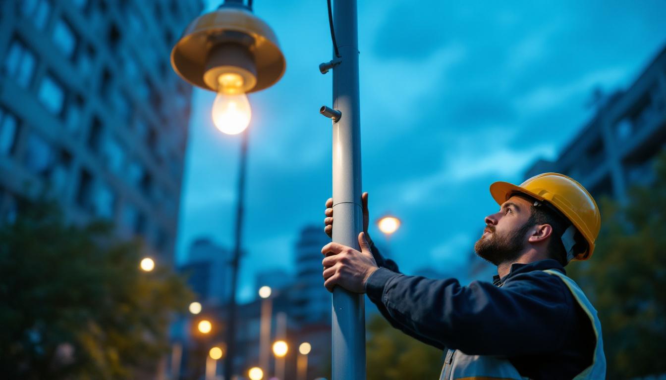A photograph of a skilled lighting contractor inspecting or installing a modern light pole in an urban setting