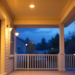 A photograph of a beautifully illuminated porch at dusk