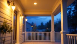 A photograph of a beautifully illuminated porch at dusk