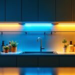A photograph of a beautifully illuminated kitchen featuring sleek under-cabinet led lights