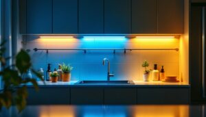 A photograph of a beautifully illuminated kitchen featuring sleek under-cabinet led lights