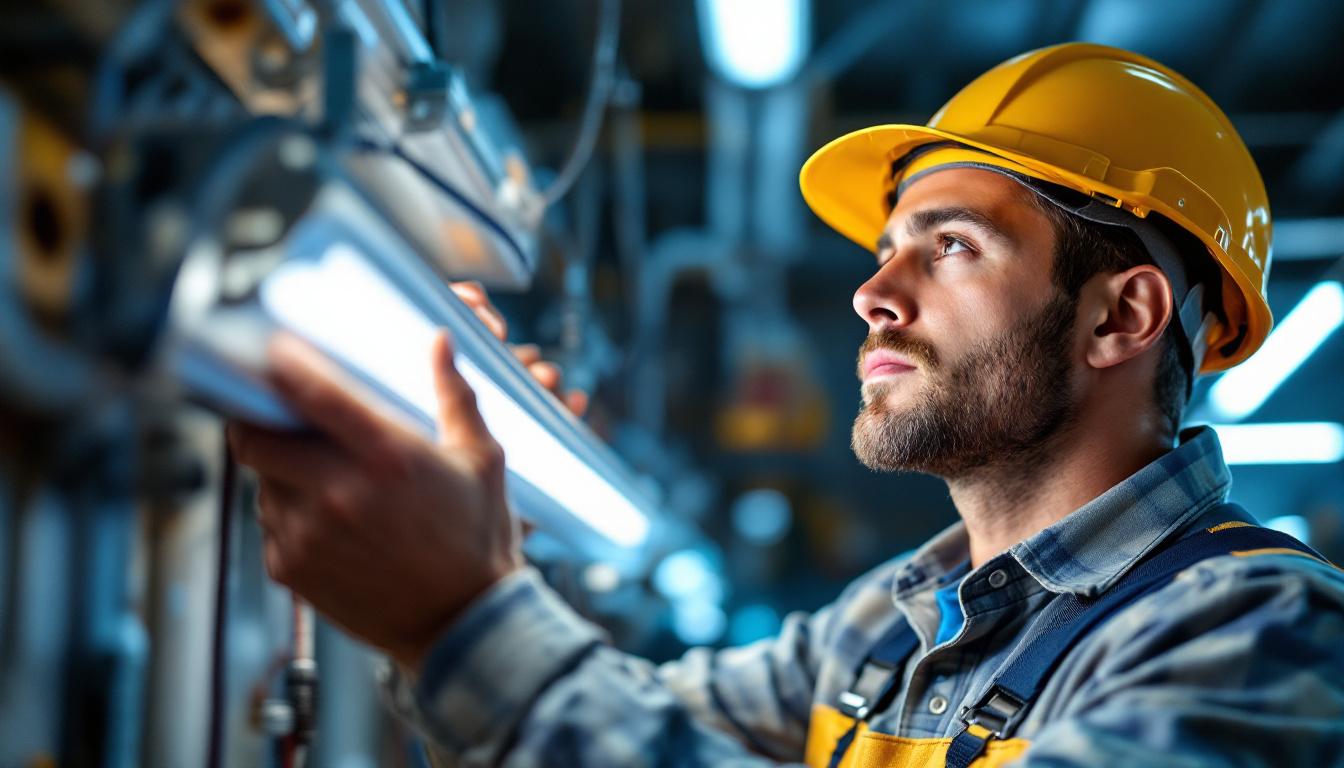 A photograph of a skilled lighting contractor examining or installing a tube light ballast in a well-lit workspace