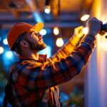 A photograph of a lighting contractor installing uplight led lights in a modern interior space