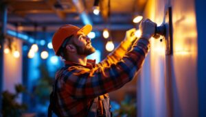 A photograph of a lighting contractor installing uplight led lights in a modern interior space