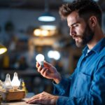 A photograph of a professional lighting contractor examining various tanning bed replacement bulbs in a well-lit workshop