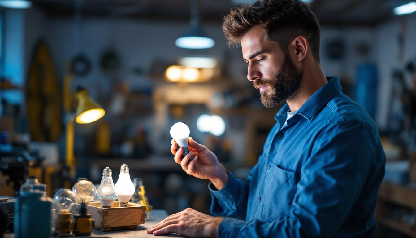 A photograph of a professional lighting contractor examining various tanning bed replacement bulbs in a well-lit workshop