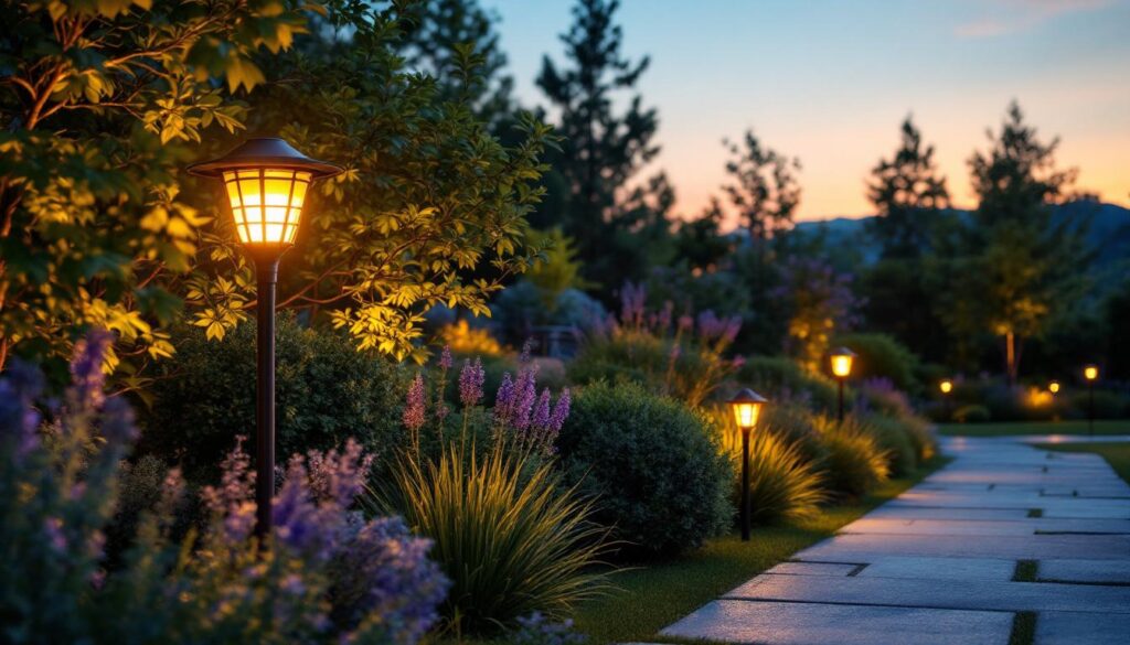 A photograph of a beautifully landscaped outdoor space illuminated by stylish solar-powered light fixtures at dusk