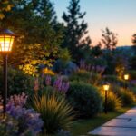 A photograph of a beautifully landscaped outdoor space illuminated by stylish solar-powered light fixtures at dusk