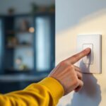 A photograph of a modern lighting contractor installing a sleek dimmer switch for led lights in a stylish home setting