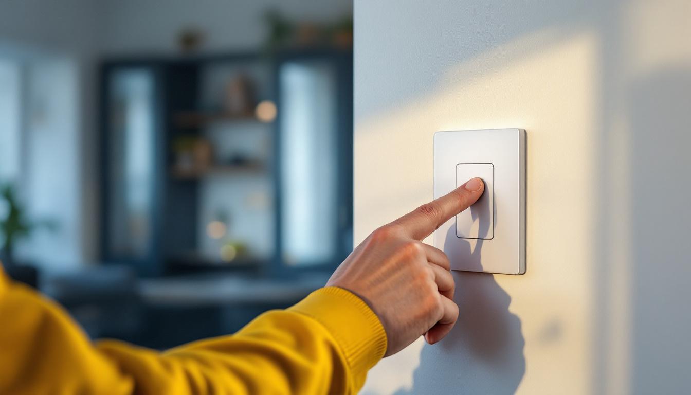A photograph of a modern lighting contractor installing a sleek dimmer switch for led lights in a stylish home setting