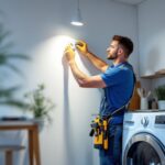 A photograph of a lighting contractor installing a washer dryer outlet at an appropriate height in a well-lit