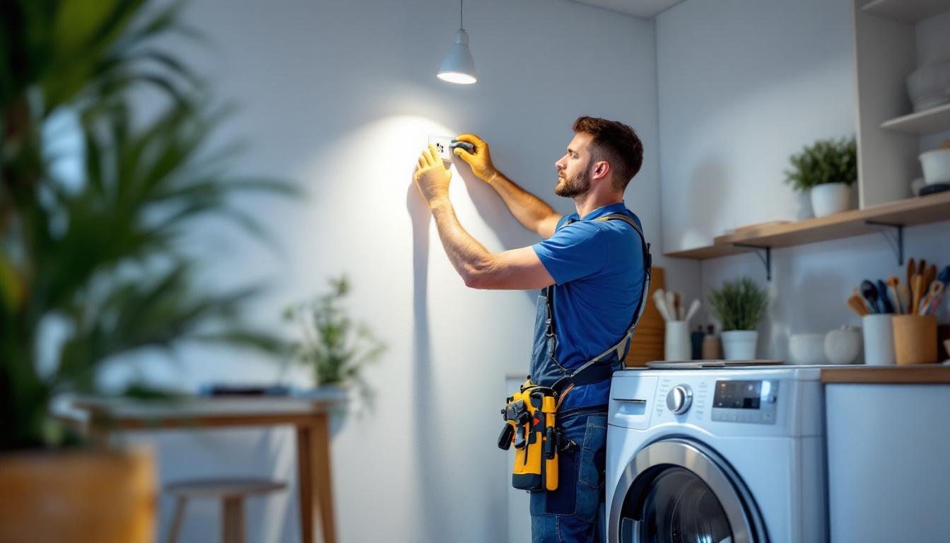 A photograph of a lighting contractor installing a washer dryer outlet at an appropriate height in a well-lit