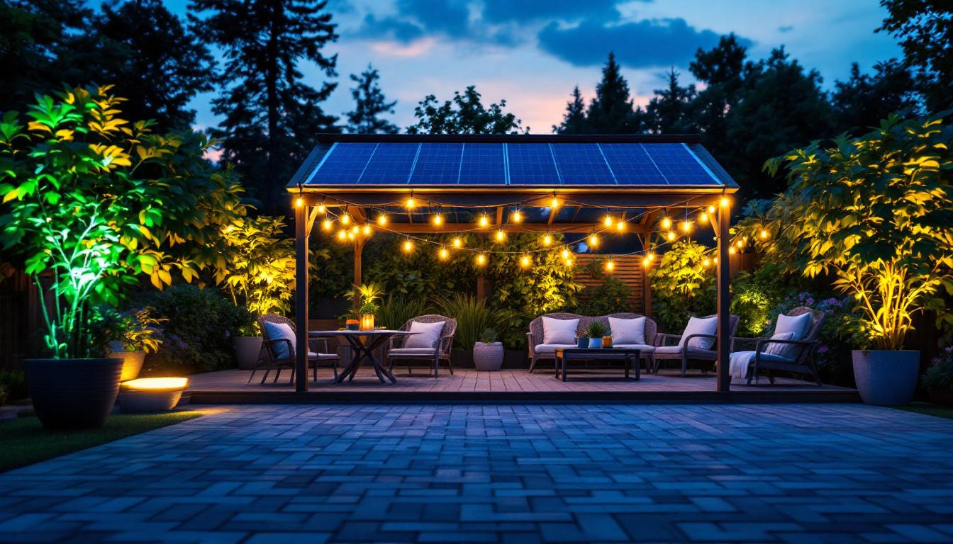 A photograph of a beautifully illuminated outdoor space featuring solar-powered led strip lights