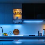 A photograph of a modern kitchen showcasing stylish led cabinet lighting