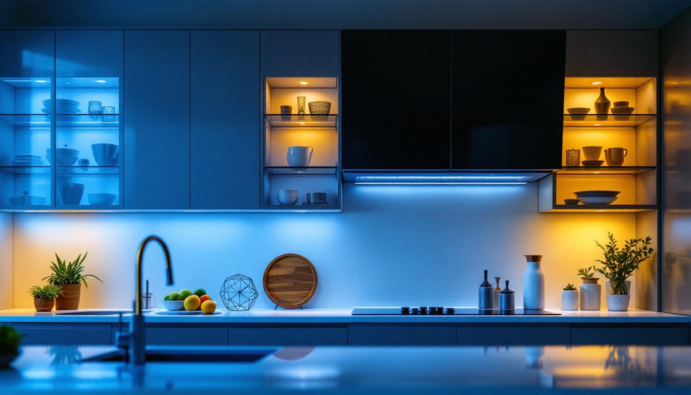A photograph of a modern kitchen showcasing stylish led cabinet lighting