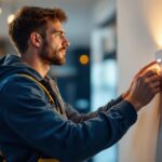 A photograph of a lighting contractor installing a light timer wall switch in a modern home