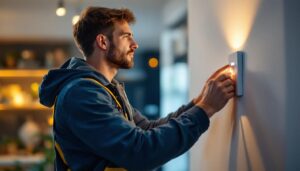 A photograph of a lighting contractor installing a light timer wall switch in a modern home