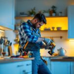 A photograph of a skilled lighting contractor installing hard-wired under cabinet lighting in a stylish kitchen setting
