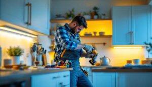 A photograph of a skilled lighting contractor installing hard-wired under cabinet lighting in a stylish kitchen setting