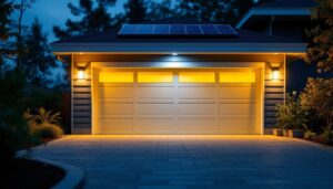 A photograph of a well-lit garage featuring solar lights