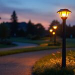 A photograph of a beautifully illuminated solar lighted mailbox post at dusk
