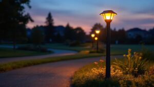 A photograph of a beautifully illuminated solar lighted mailbox post at dusk