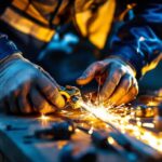 A photograph of a lighting contractor in action