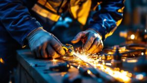 A photograph of a lighting contractor in action