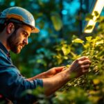 A photograph of a skilled lighting contractor installing or adjusting vibrant